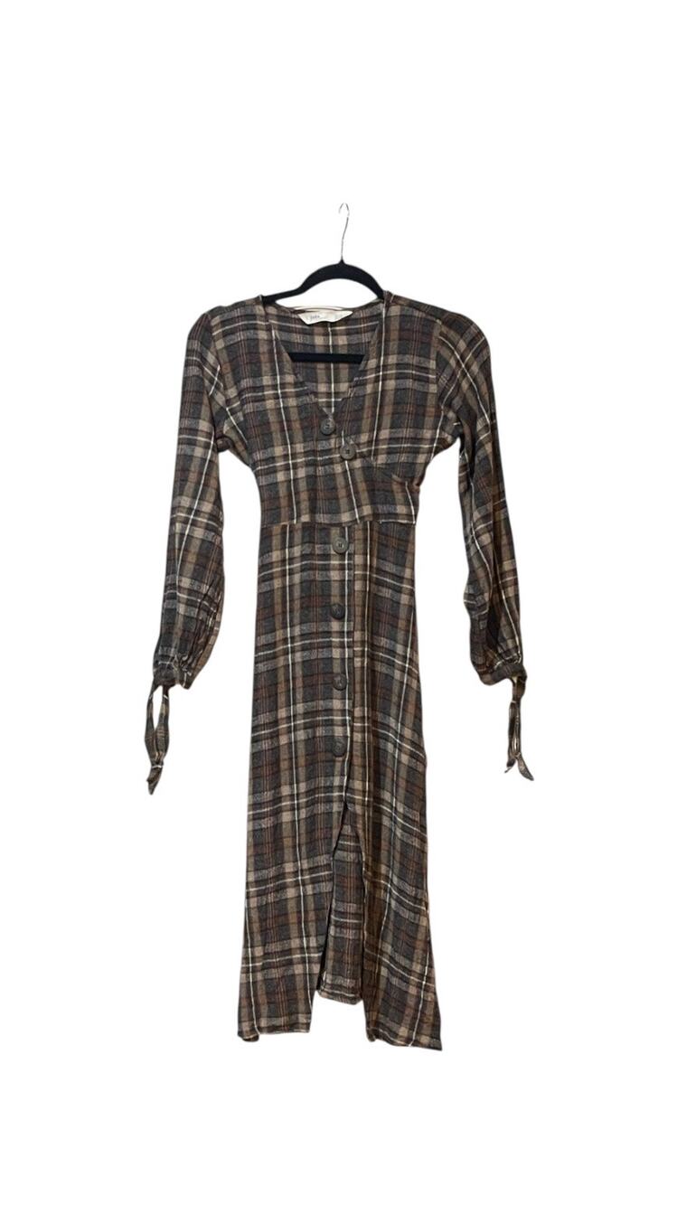 Women "ZARA" brown red, ivory button up long sleeve shirt dress. Size. XS